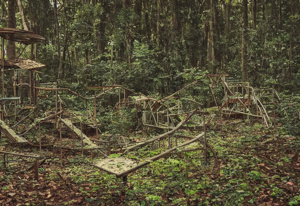 Image similar to an abandoned creepy playground in the middle of a dense forest, high detail