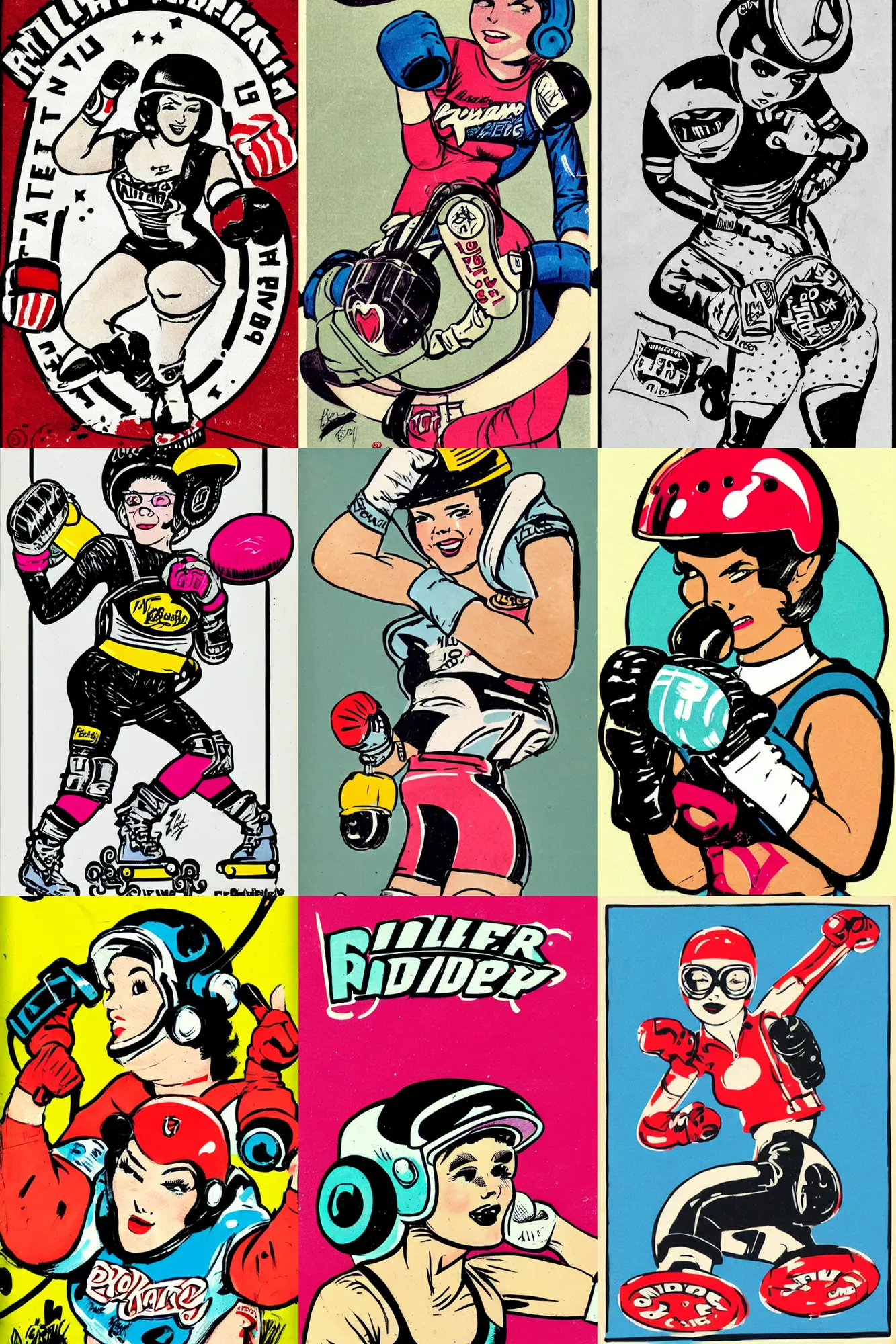 Image similar to roller derby girl portrait, logo, wearing helmet, punching air, Frank Hampson and mcbess, 1950s