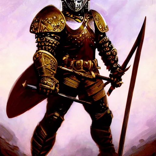 Image similar to knight character portrait by frank frazetta - wearing ornate armor, holding a spear, striking a pose, fantasy, dungeons & dragons, sharp focus, striking, artstation contest winner, detailed