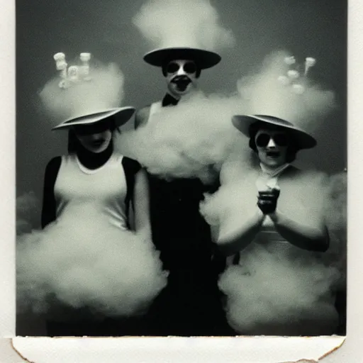 Image similar to polaroid of dancers that are made from cotton candy, smoke and clouds, wearing top hats. there is some diamonds suspended in air, beams of light disperse trough diamonds, prism-like