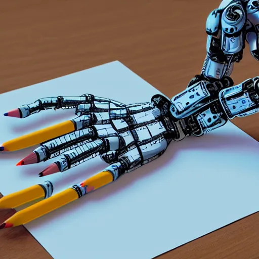 Prompt: a robot hand holding a pencil over a piece of paper
