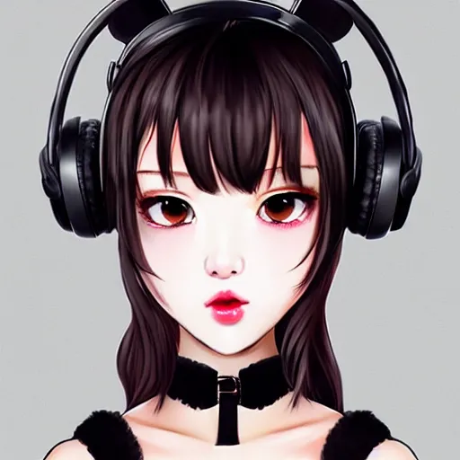 Prompt: realistic beautiful gorgeous natural cute Blackpink Lalisa Manoban black hair cute fur black cat ears, wearing white camisole, headphones, black leather choker artwork drawn full HD 4K highest quality in artstyle by professional artists WLOP, Taejune Kim, Guweiz on Artstation Pixiv