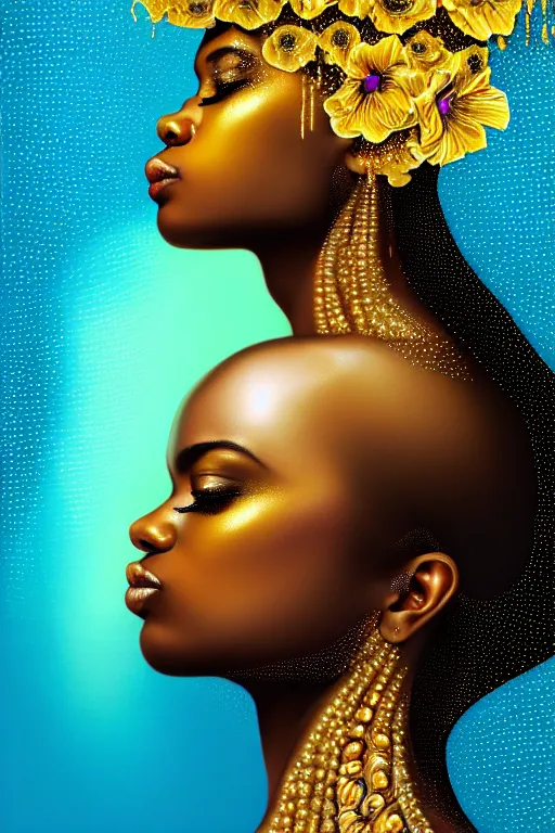 Image similar to hyperrealistic precisionist cinematic profile very expressive! black oshun goddess, ophelia in water!, mirror dripping droplet!, gold flowers, highly detailed face, digital art masterpiece, smooth eric zener cam de leon, dramatic pearlescent turquoise light on one side, low angle uhd 8 k, shallow depth of field