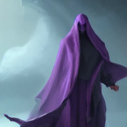 Image similar to female warlock long hood cloak purple, fighting monster with magic, 8 k, trending on artstation by tooth wu and greg rutkowski