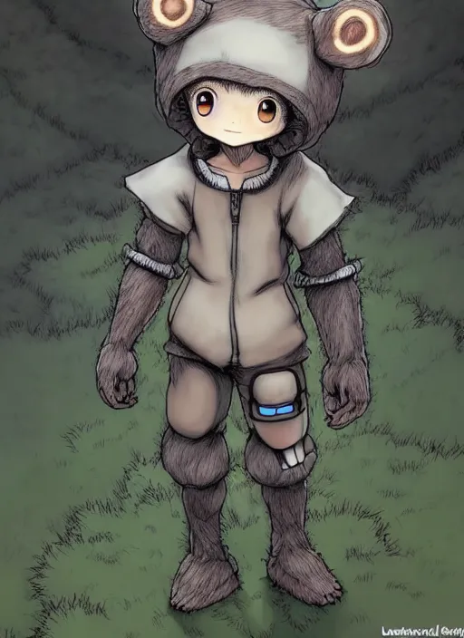 Image similar to beautiful little boy wearing an cyborg bear suit, artwork in kentaro miura and made in abyss and rosdraws, smooth, beautiful lightness, anatomically correct, trending on pixiv, forest