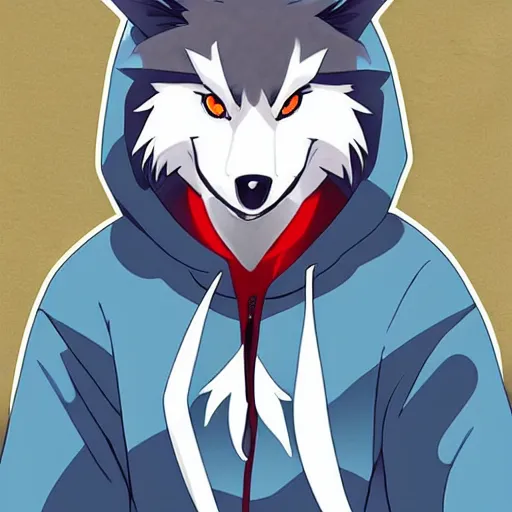 Image similar to key anime visual portrait of a handsome male anthro wolf furry fursona with beautiful eyes, wearing a hoodie, official modern animation