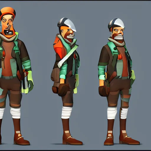 Prompt: character design of a stylized explorer and cartographer in the TF2 style