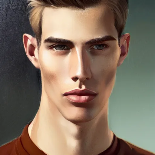 Image similar to tall man in his twenties with brown blond short quiff hair and thin slightly round facial structure with cleft chin, straight eyebrows and prominent nose, good definition of cheekbones, big hazel nut brown eyes, narrow face, slim body, atmospheric lighting, painted, intricate, 4 k, highly detailed by charlie bowater