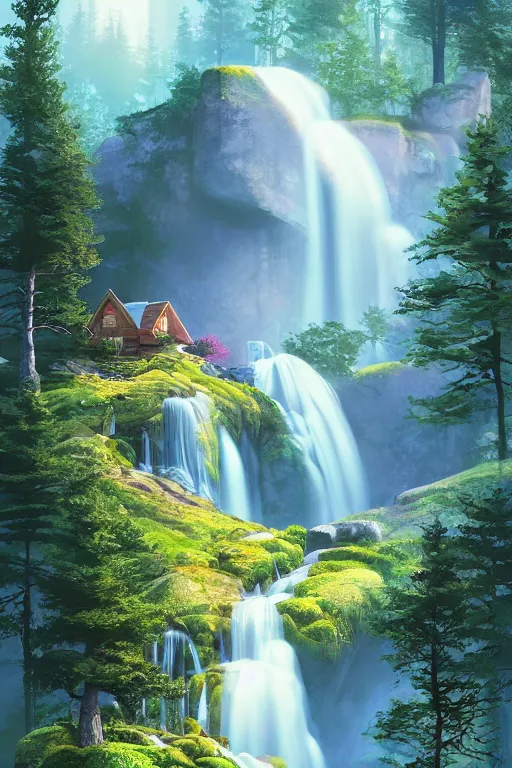 Image similar to scandinavian house in the forest on a hill, pixar, vector style, waterfall flows down from the mountain, vector art, fabulous, global illumination, warm lighting, by jordan grimmer