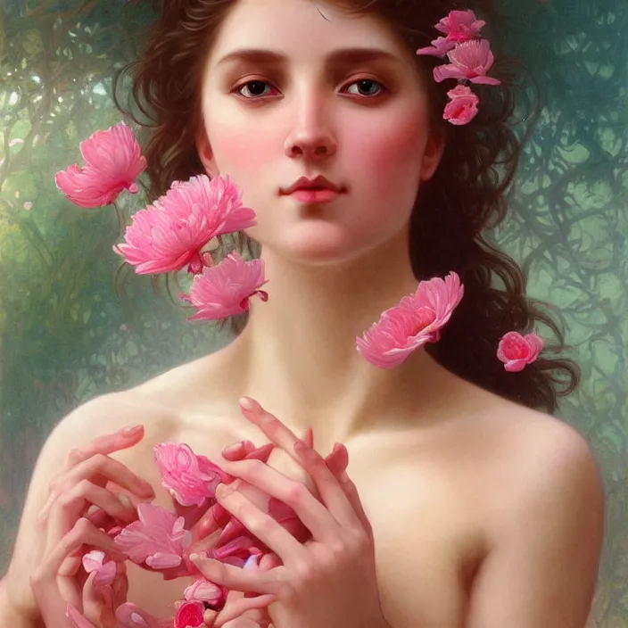 Image similar to a wonderful goddess with the skin made of pink petals, perfect hands, intricate, elegant, highly detailed, wonderful eyes, sweet, digital painting, artstation, concept art, smooth, sharp focus, illustration, art by artgerm and greg rutkowski and alphonse mucha and william - adolphe bouguereau