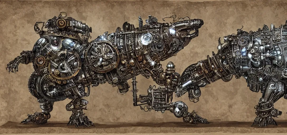 Image similar to mechagodzilla, steampunk automaton, mechanical, medieval style fresco, mutant, detiled, clockwork, 4 k, fineart, anatomy of a machine, manuscript