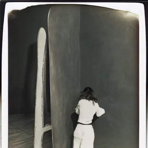 Image similar to polaroid of a skater girl inspecting a sculpture by leonora carrington