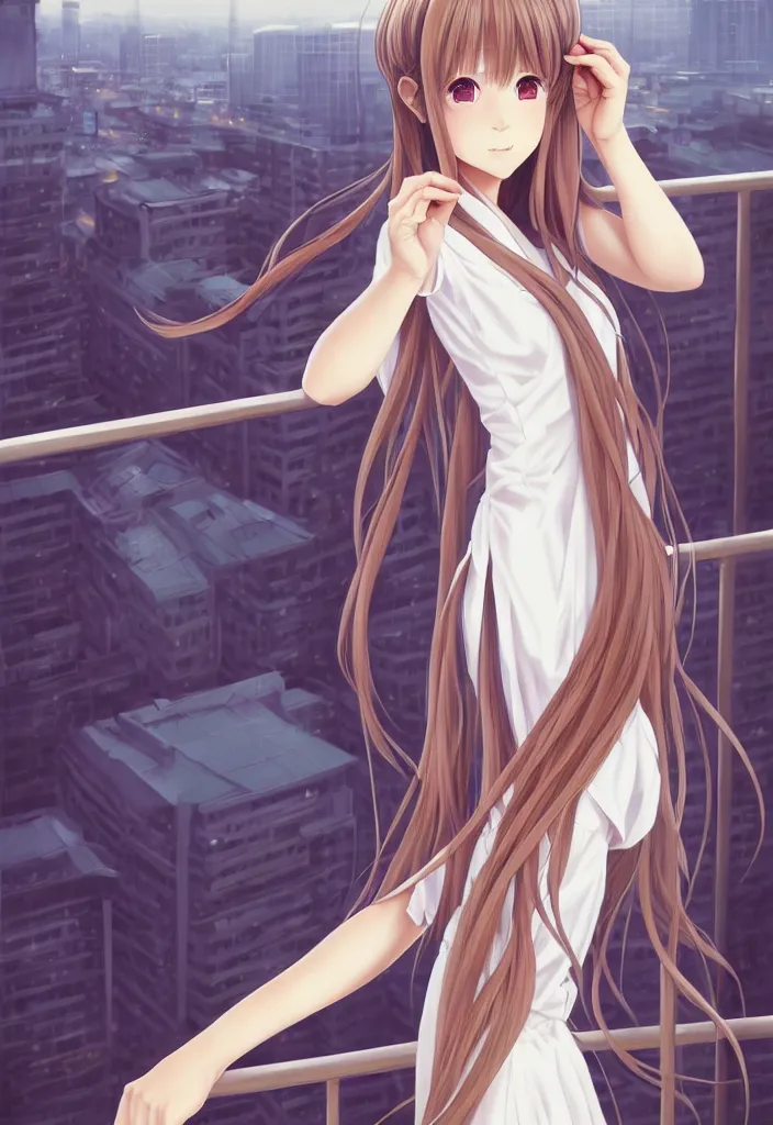 Prompt: beautiful full body portrait of a lone anime female with long flowing hair, wearing Japanese school uniform, standing on a balcony overlooking downtown Tokyo, D&D, fantasy, intricate, elegant, highly detailed, digital painting, artstation, concept art, smooth, sharp focus, illustration, art by ilya kuvshinov and WLOP and Ruan Jia and Krenz Cushart and greg rutkowski and alphonse mucha