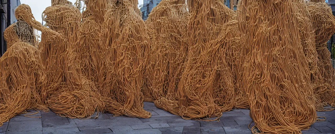 Image similar to wide angle of collection of human - like statues of made of spaghetti in an empty european plaza, canon 5 0 mm, cinematic lighting, photography, retro, film, kodachrome, closeup
