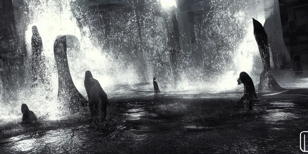 Prompt: hooded figures falling into a massive pool of black oil, shiny, ultra realistic, unreal engine render