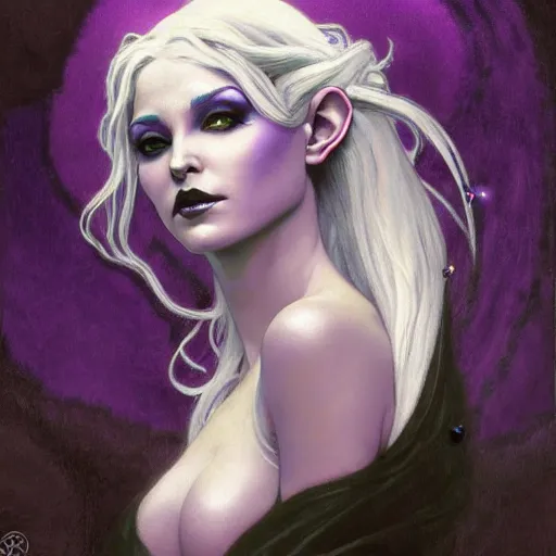 Image similar to half length portrait of a beautiful female drow elf warlock, indigo skin, violet magic, silver hair, black imp familiar, royo, klimt, miro, vallejo, frazetta, alphonse mucha, greg rutkowski, whealan