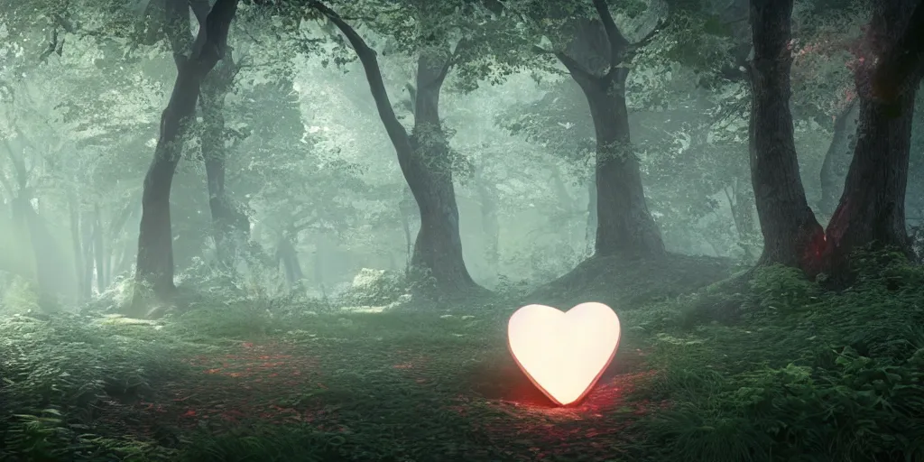 Prompt: rose gold heart in a mystical forest, concept art, artstation, octane render, v-ray, 8k, C4D