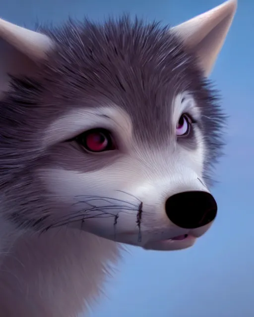 Prompt: a cute wolf pup with big eyes chewing on a bone, disney movie still, 4 k, very detailed, artwork by glen keane