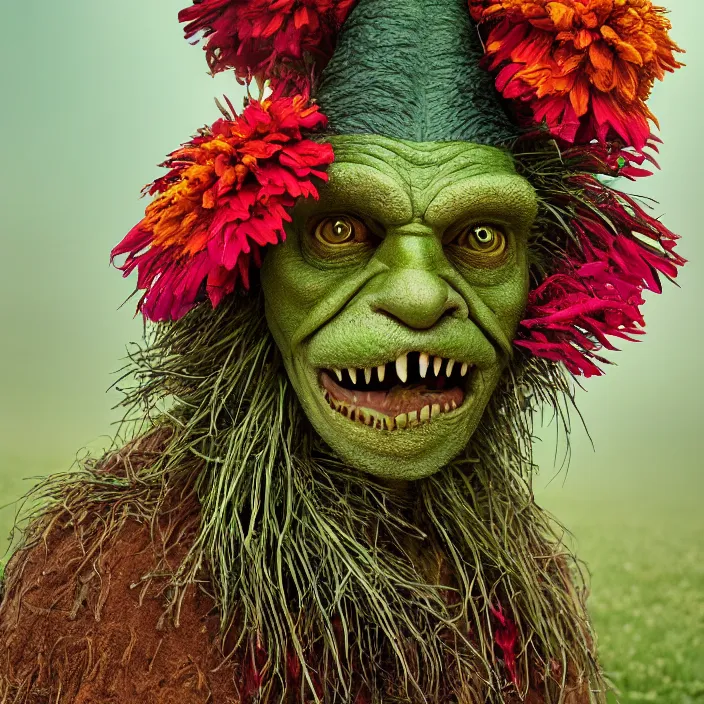 Prompt: closeup portrait of a green-horned goblin wearing a hooded cloak made of zinnias and rainbows, in an empty field, by Annie Leibovitz and Steve McCurry, natural light, detailed face, CANON Eos C300, ƒ1.8, 35mm, 8K, medium-format print