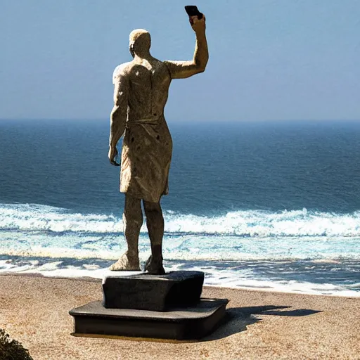 Image similar to a statue of a man holding a phone the background is the sea by greg rutkowski
