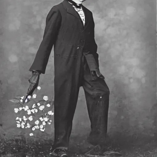 Prompt: mr.bean dressed in a flower dress, photo, 1899