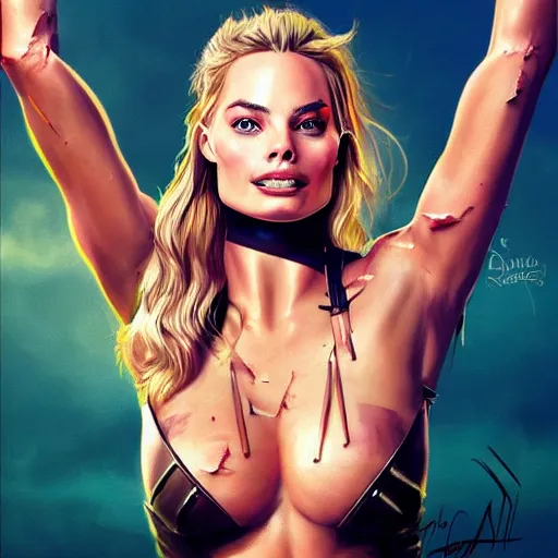 Image similar to Beautiful warrior huntress Margot Robbie has a battle scar, by WLOP by artgerm, trending, 4k digital art