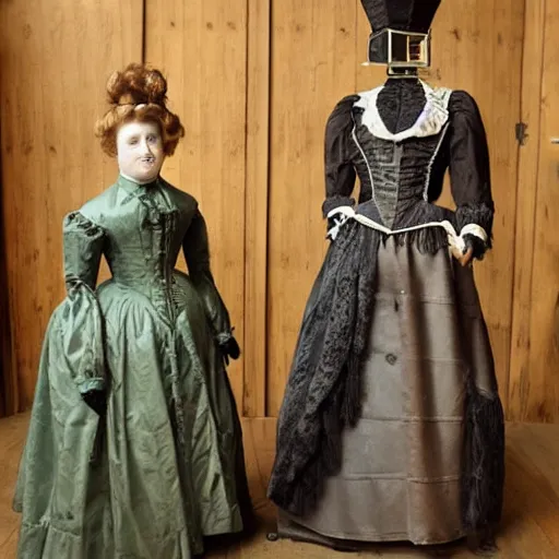 Image similar to portrait of a life size victorian female automaton standing with a child, 8 k, soft lighting, highly detailed realistic, face in focus 1 8 9 0's