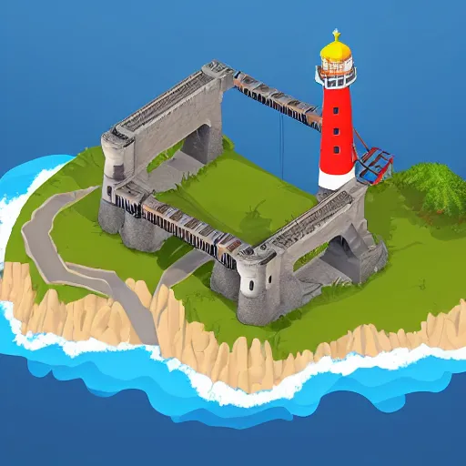 Image similar to side view of top down isometric video game, point and click style, on an island with a giant lighthouse, a drawbridge, and crew quarters with a cave underneath the island