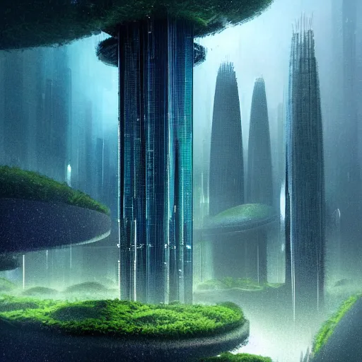 Image similar to a futuristic city scape of vertical organic farms, growing, mossy cellular structures, epic landscape, endless towering science fiction towers, raining, misty, in the style of john harris