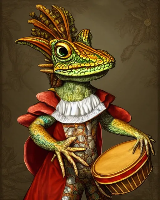 Prompt: baroque portrait of a anthropomorphic lizard with a drum, garden with flowers background, digital art, dnd character, award winning