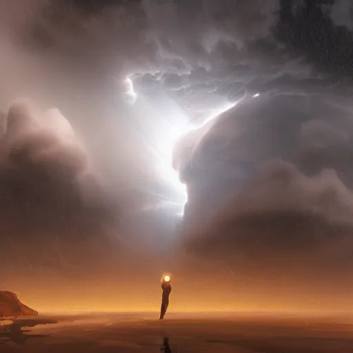 Image similar to venus going out of space water during a big storm, great space, epic composition, 8 k, by greg rutkowski, beautifuk cinematic light