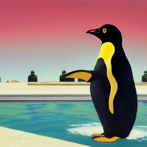 Image similar to a fine art painting of the penguin from planet coaster in a water fountain in the style of edward hopper and wes anderson.