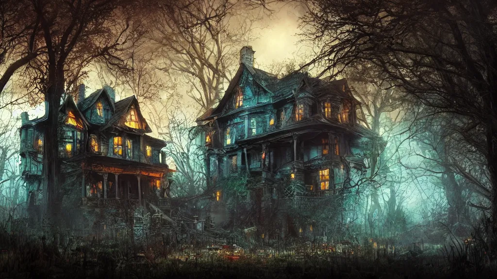 Prompt: a haunted house in a scary night in forest, trending on artstation, wide view, cinematic view, cinematic, 8 k, digital photo, unreal engine, colored paint, colorful paint, scary style