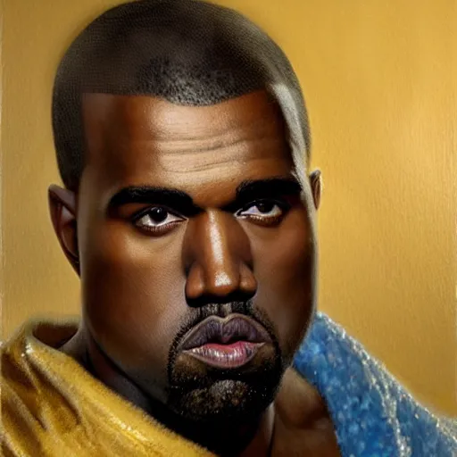 Image similar to detailed realistic cinematic wide shot of beautiful attractive muscular kanye west with gold chain wearing blue bath robe slim face symettrical face clean skin black eyes black robe smooth, sharp focus, ultra realistic, spring light, painting by gaston bussiere, craig mullins, j. c. leyendecker