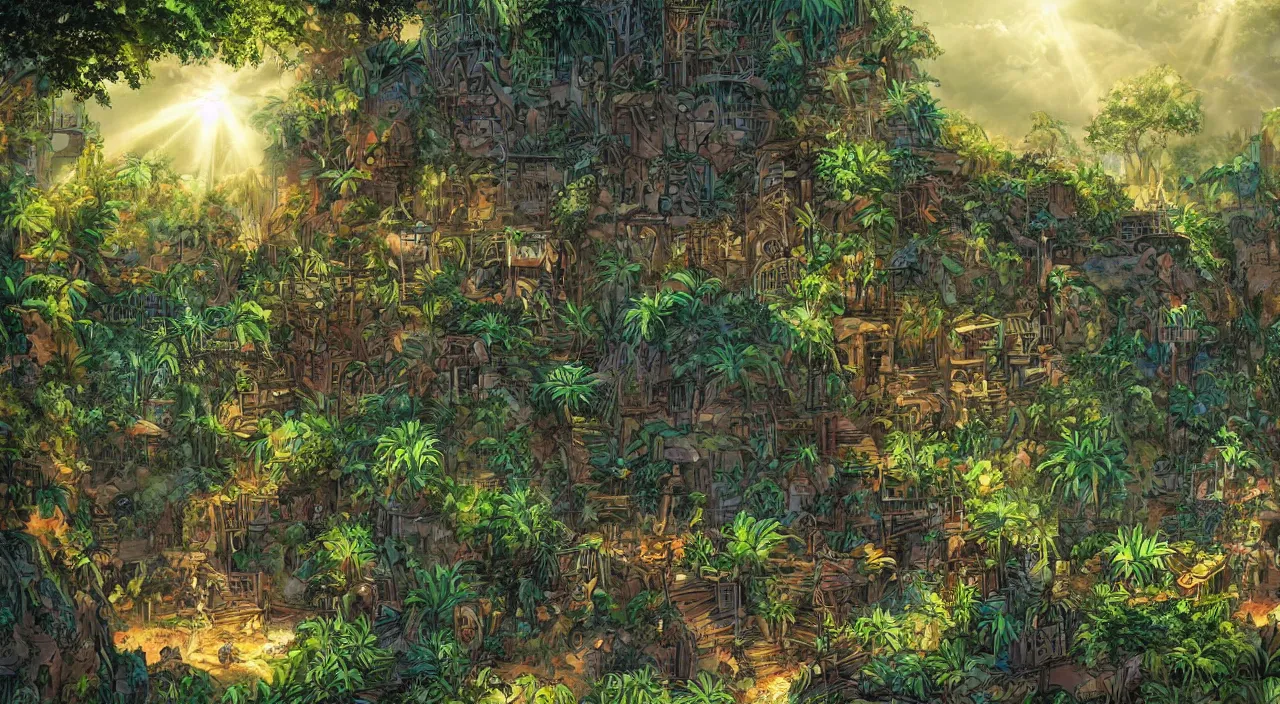 Image similar to zouk fabric jungle dirt wall fortress a spectacular view cinematic rays of sunlight comic book illustration, by john kirby