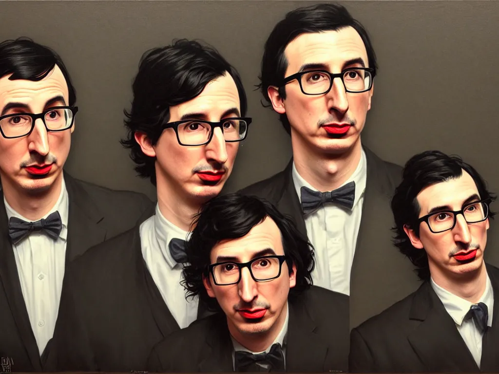 Image similar to photo booth, painting of both john oliver and adam driver together, john oliver in front, full body, elegant, beautiful, highly detailed, centered, dark, smokey, digital painting, concept art, smooth, sharp focus, illustration, deviant art, art by artgerm, art by greg rutkowski, art by alphonse mucha