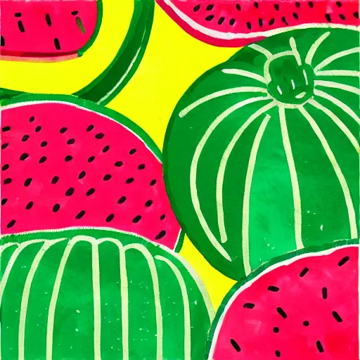 Image similar to retro, hd illustration of watermelons, crocs, big yellow lemons, mint leaves, ice cubes, inspired by watercolor masterpieces, matisse, malevich, david hockney, keith haring, colorful, happy, trending on artstation, 4 k