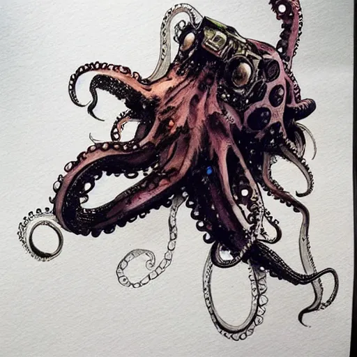 Image similar to octopus in space, cyberpunk, realistic, detailed, Industrial Scifi, paint, watercolor, in the style of Ashley Wood and Wadim Kashin