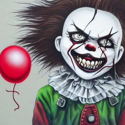 Prompt: grunge cartoon landscape painting of chucky with a wide smile and a red balloon by chris leib, loony toons style, pennywise style, horror theme, detailed, elegant, intricate