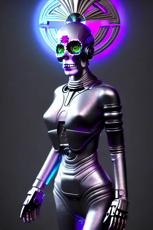 Image similar to ultra detailed female android deity, cinematic, 8 k, sci - fi movie!!, flowerpunk, sci - fi, fantasy, ( dia de los muertos ), asymmetrical,!! concept art, unreal engine, octane render, zbrush, art by artgerm and michael welan and alphonse mucha and loish and wlop