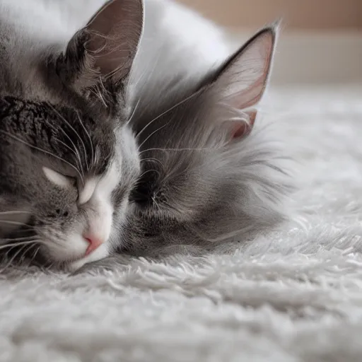 Image similar to gray and white cat sleeping on the hardwood floor, ragdoll cat, sleeping on his side, fluffy, dimly lit room