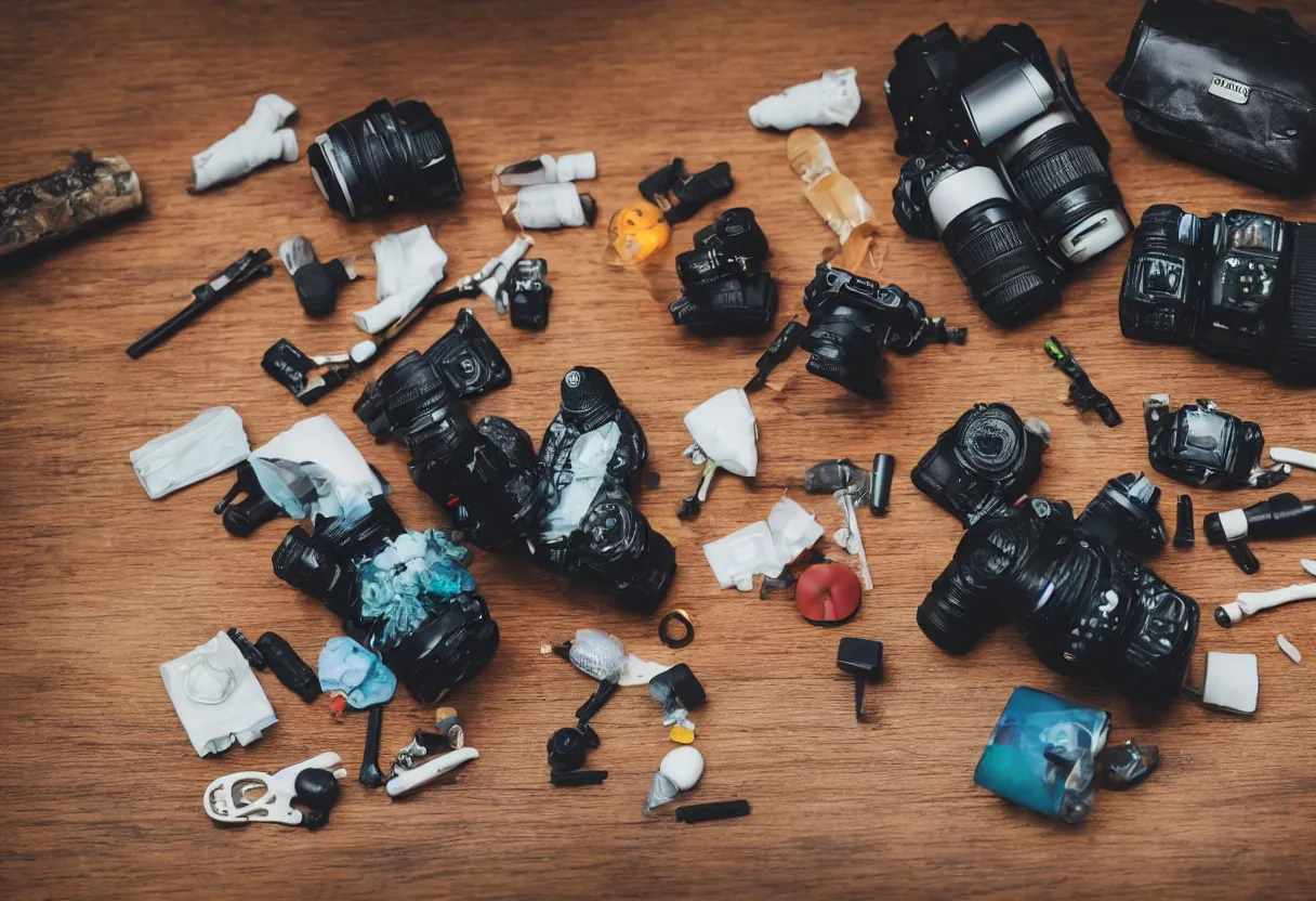 Image similar to wide dslr photo still of an occult toy on a table cluttered with drug paraphernalia