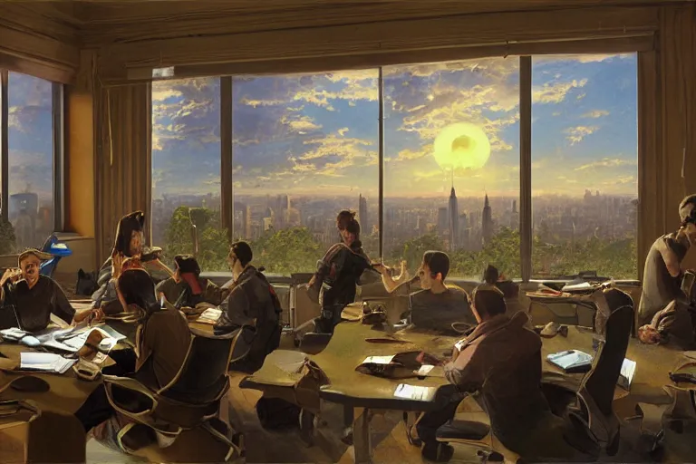 Image similar to monkey employees setting on glorious meeting room, papers and bananas scattered on the table, sunset, buildings and skyline showing from windows, fine art, artstation, matte painting, masterpiece by vasnetsov