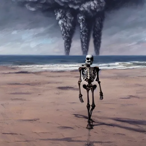 Prompt: Professional painting of anatomically correct skeleton walking along the beach, big highly detailed nuclear bomb explosion in the background, trending on Artstation, realistic, ultra detail, by Greg Rutkowski