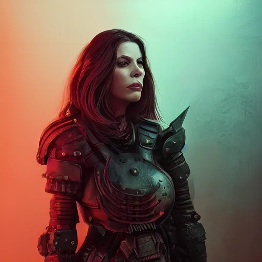 Image similar to liv tyler portrait, dystopia core, apocalyptic, armor, warrior, dramatic, sharp focus, fiction, neon, fantasy, hyper detailed, digital art, trending in artstation, cinematic lighting, studio quality, smooth render, unreal engine 5 rendered, octane rendered, art style and nixeu and wlop and krenz cushart