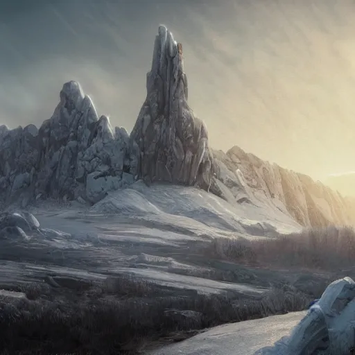 Prompt: Ice covered landscape with beautiful mountains and a tall, isolated stone tower off in the distance countryside, beautiful dynamic lighting, cinematic, wide angle establishing shot, extremely high detail, photo realistic, cinematic lighting, post processed, concept art, artstation, matte painting, style by eddie mendoza, raphael lacoste, alex ross, volumetric lighting, light rays, photorealistic, ultrarealistic, moody, coronarender, 8k