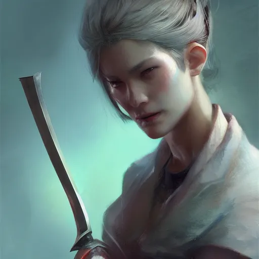 Image similar to a beautiful women swordsman, by craig mullins, by yun ling, by shal. e, grim expression, unreal engine, octane rendering, 8 k, closeup, full body, smooth, trending on artstation, digital illustration, grey hair
