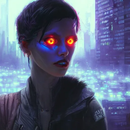 Image similar to molly millions, closeup portrait of a young beautiful cyberpunk woman, glowing eye implants, black hair in a rough shag, sunset, neuromancer, street samurai, cyberpunk city background, megacity, gorgeous view, depth, painted by seb mckinnon, high detail, digital art, painted by greg rutkowski, trending on artstation