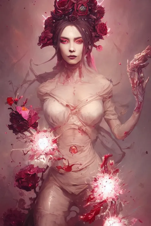 Image similar to beautiful girl necromancer covered with blood exploding crystals, 3 d render, hyper realistic detailed portrait, holding magic flowers, scifi, fantasy, hyper detailed, octane render, concept art, peter mohrbacher, artgerm, ruan jia, wlop