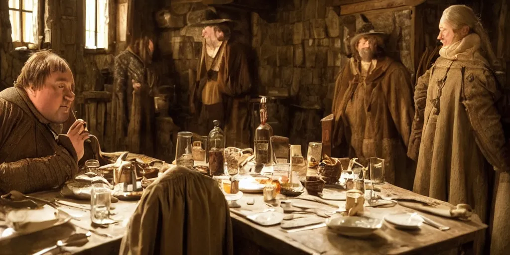 Image similar to an medieval tavern created movie directed by director Roy Andersson movie